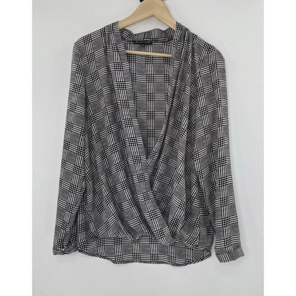 Adrianna Papell Faux Wrap Long Sleeve Plaid Print Chiffon Blouse Sz S, Career‎ - Picture 1 of 11